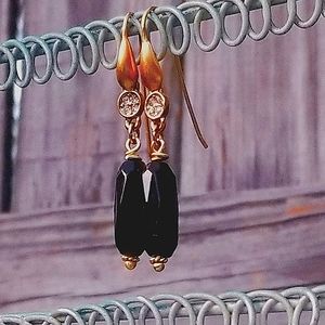 Art Deco Black Glass and Gold Drop Earrings